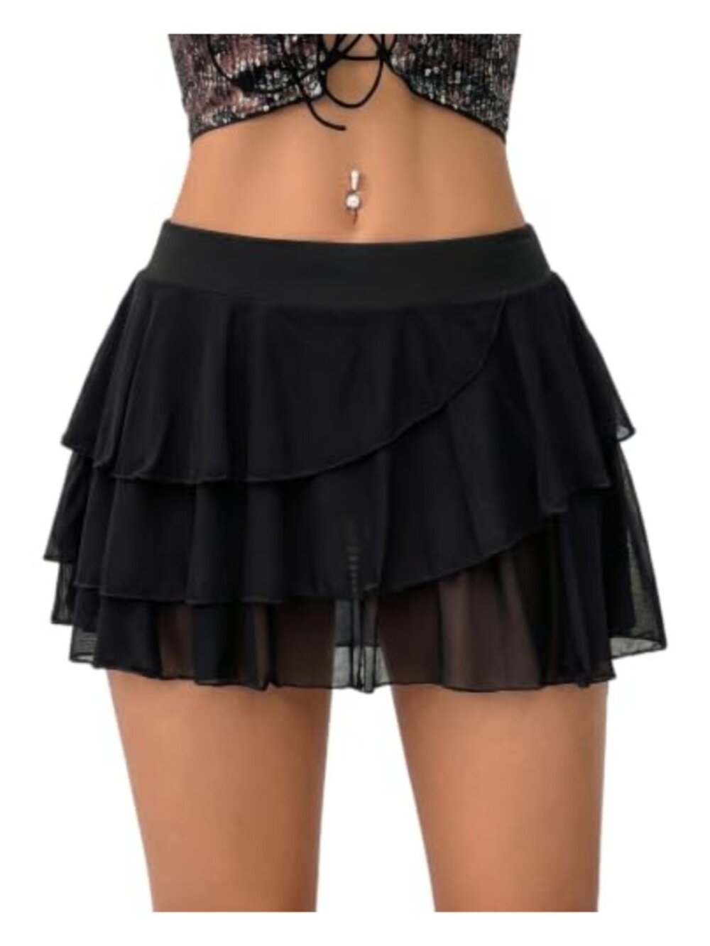 Layered Mesh Mini Skirt with Built-in Shorts Ruffle Hem A-Line
